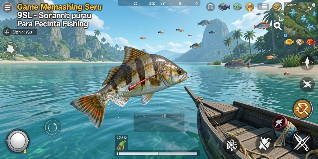 Screenshot gameplay 9SL menampilkan aksi seru memancing di lokasi indah.