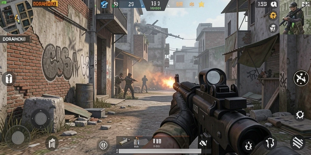 Screenshot gameplay DORAHOKI menunjukkan aksi pertempuran dengan grafis tajam.