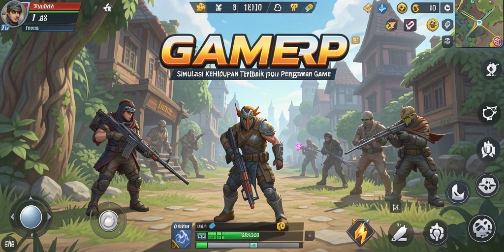 Tampilan gameplay dinamis GAMERP dengan karakter yang berinteraksi.