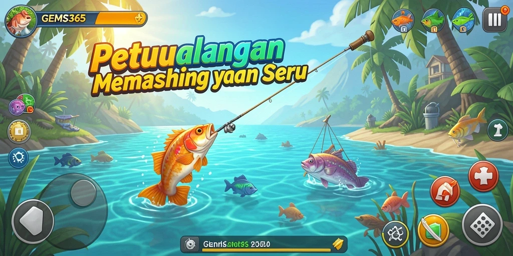 Tampilan gameplay GEMS365 menampilkan aksi memancing yang mendebarkan.