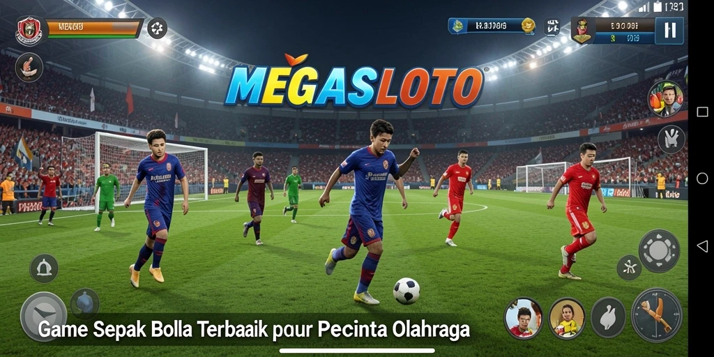 Screenshot gameplay MEGASLOTO yang menampilkan aksi mendebarkan di lapangan sepak bola.